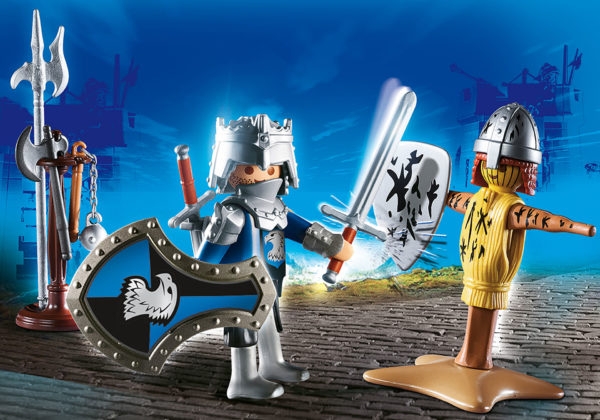 Figures: 1 knight; Accessories: 1 stabbing doll, 1 weapon stand, 2 shields, 2 swords, 1 battle axe, 1 morning star, 1 halberd, 1 cape, 2 knight helmets, 1 pair of shoulder cuffs, 1 pair of arm shadows Recommended for ages 4 and up.