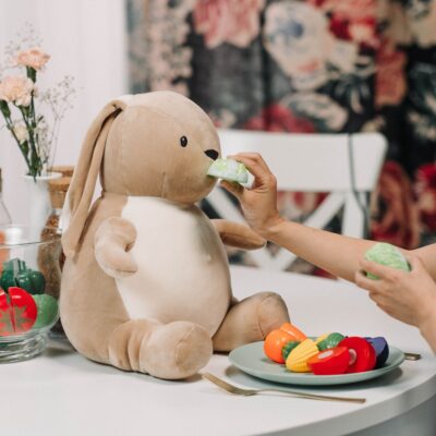 a small person's hands feeding an oversized stuffed rabbit