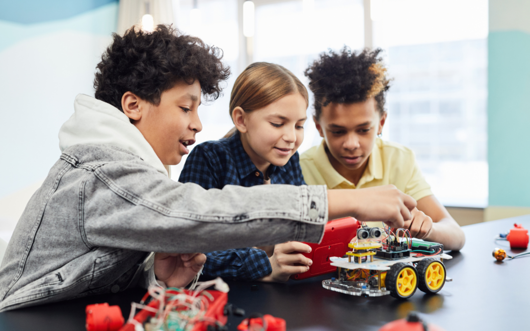 A group of diverse children laughing and playing with a variety of toys on the colorful floor of Fundemonium, showcasing an environment filled with joy, creativity, and interactive learning.